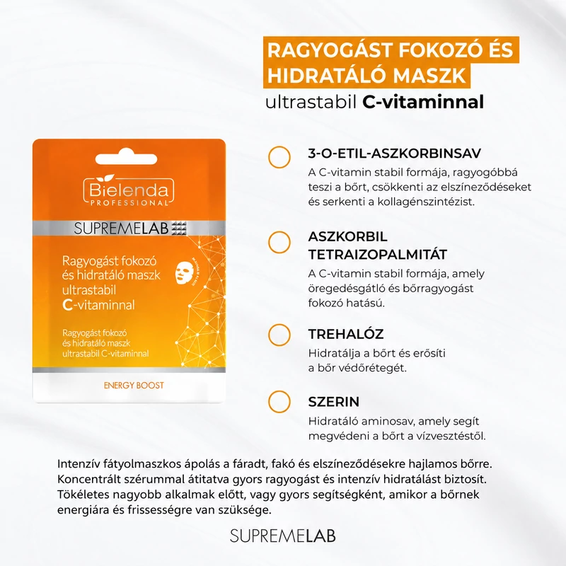 SUPREMELAB - ENERGY BOOST - Bőrszínkiegyenlítő és hidratáló hatású fátyolmaszk