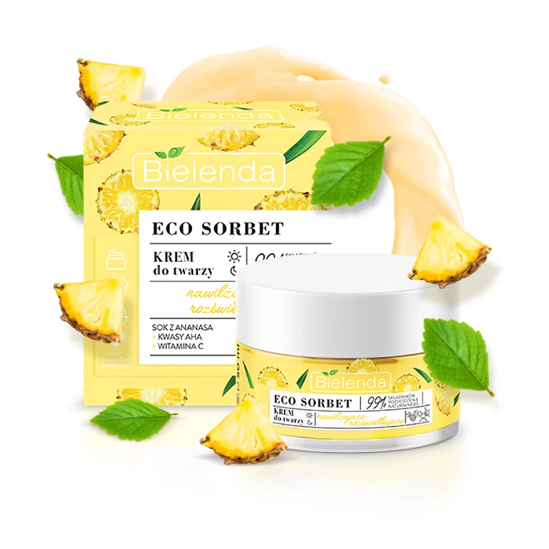 BIELENDA ECO SORBET Pineapple: Hidratáló és bőrszínjavító hatású ananászos arckrém 50 ml